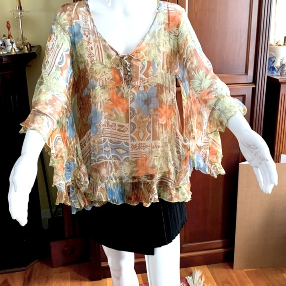 Boho style sheer tunique top ruffled loose sleeves brown orange blue flower US L